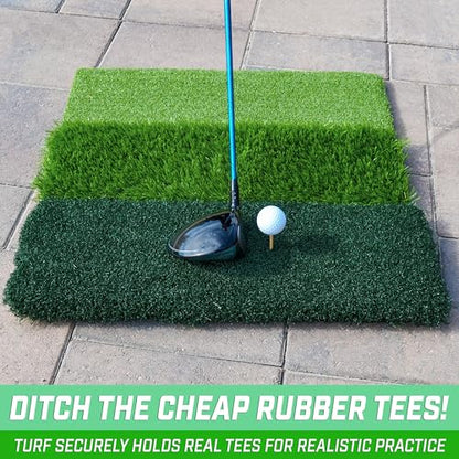 GoSports Tri-Turf XL Golf Hitting Mat – 24x24 in Golf Practice Mat for Indoor/Outdoor Training, Fairway Rough Tee Turf, Portable Golf Mat for Backyard, Garage & Golf Simulator Use