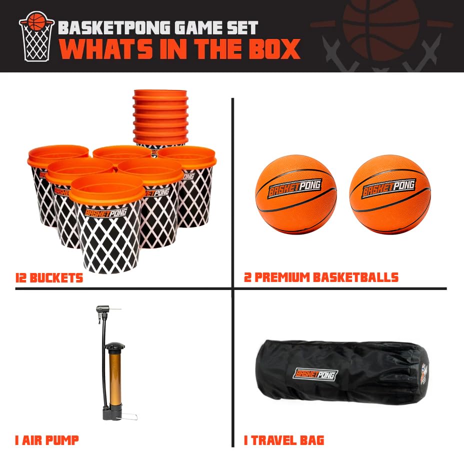 BasketPong Giant Yard Pong and Basketball Game with 12 Buckets, 2 Balls, Carrying Bag, and Air Pump – Outdoor Game for Lawn, Backyard, Beach, and Parties