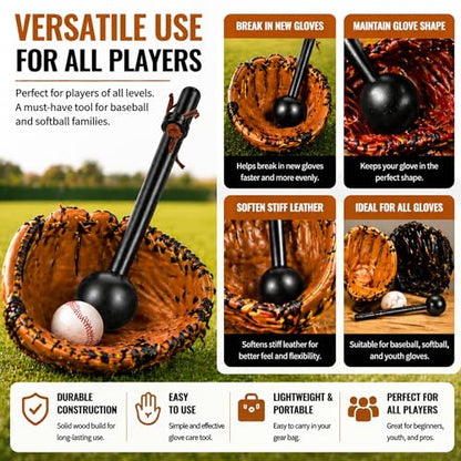Hollowfly Baseball & Softball Glove Mallet-12 Inch Wooden Hammer with Leather Rope, Durable Glove Pocket Break-in Tool