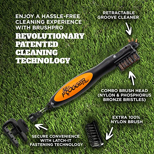 Frogger BrushPro Latch-It Golf Club Cleaner, Ergonomic Grip and Latch-it Magnet - Professional Golf Club Brush and Groove Cleaner for Golfers - color: Orange