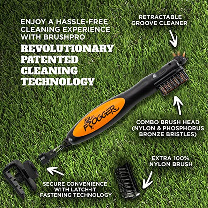 Frogger BrushPro Latch-It Golf Club Cleaner, Ergonomic Grip and Latch-it Magnet - Professional Golf Club Brush and Groove Cleaner for Golfers - color: Orange