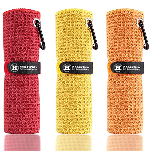 Handy Picks Microfiber Golf Towel (16" X 16") with Carabiner Clip, Waffle Pattern Golf Towel Hook and Loop Fastener - The Convenient Golf Cleaning Towel - color: Red/Yellow/Orange