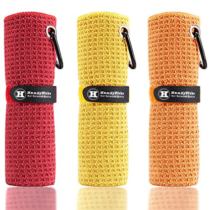 Handy Picks Microfiber Golf Towel (16" X 16") with Carabiner Clip, Waffle Pattern Golf Towel Hook and Loop Fastener - The Convenient Golf Cleaning Towel - color: Red/Yellow/Orange