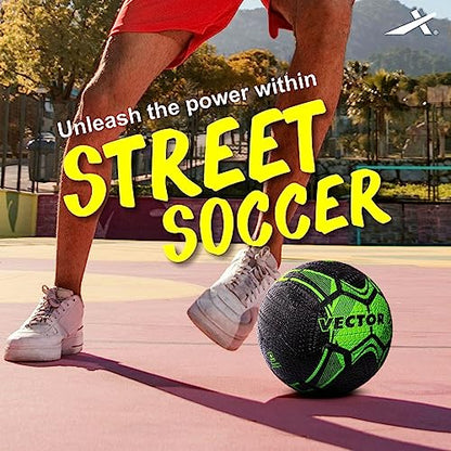 Vector X Street Soccer Rubber Moulded Indoor/Outdoor Water-Resistant Football with Butyl Bladder, Black-Green, Size 5, Suitable for Match and Training for Adults 15+ Years