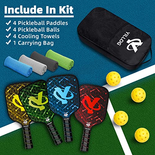 YILLOG Pickleball Paddles, USAPA Approved Pickleball Paddle Set of 4, Fiberglass Surface Pickleball Set, 4 Pickleball Balls, 4 Cooling Towels, Pickleball Bag, Pickle Ball Paddle for Men Women