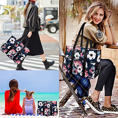 IBFUN Utility Tote Bag with 24 Pockets, Large Teacher Tote for Women with Laptop Compartment, Travel Tote Bag with Zip Top - color: A4-m-flowers, size: Medium