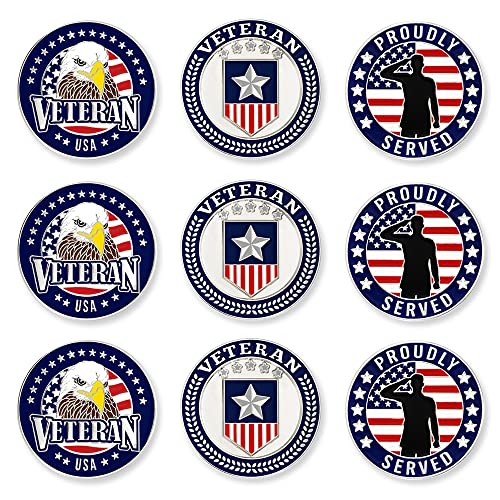 PinMart’s Mix Bundle Pack of 9 Golf Ball Markers - Golf Accessories for Men and Women – United States Eagle and American Flag Magnetic Ball Markers Set of 9 - color: Proudly Served Veteran Blue/White/Red