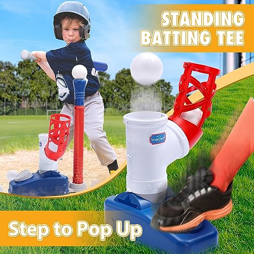 EagleStone Baseball Tee，T-Ball Set for Kids Ages 3-5, Toddler Baseball Set with Step-On Pitching Machine, Adjustable Batting Tee, Bat and 6 Balls - Perfect Outdoor Christmas Toys Gift for Boys - style: Pitching
