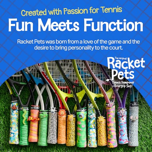 Racket Pets Kids Tennis Racket Dampener & Matching Overgrip Tape, Performance Shock Absorbing Dampener for Tennis Racket & Fun Animal Print Tennis Wrap Grip Tape - style: Parrot