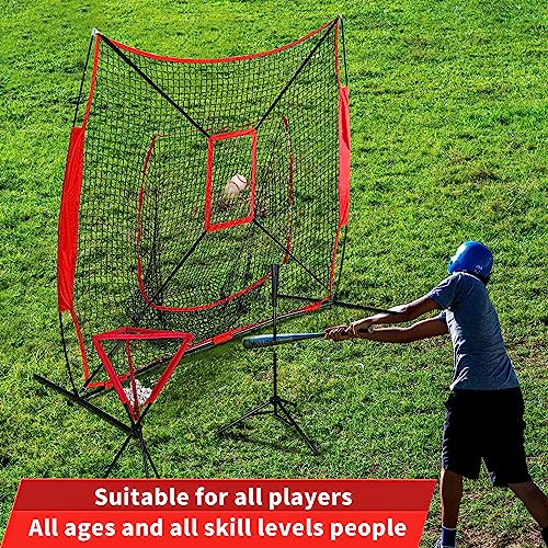 7' x 7' Baseball Softball Hitting & Pitching Practice Net Batting Pitching Training Aid Net w/Carry Bag, Strike Zone and Metal Bow Frame, Baseball Throwing Net for All Levels