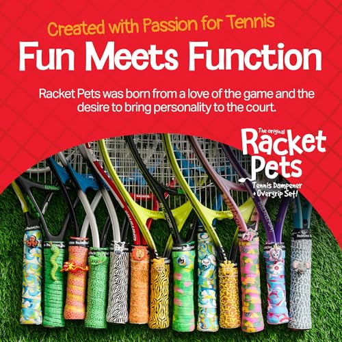 Racket Pets Kids Tennis Racket Dampener & Matching Overgrip Tape, Performance Shock Absorbing Dampener for Tennis Racket & Fun Animal Print Tennis Wrap Grip Tape - style: Dragon