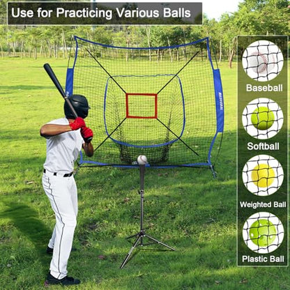 BaseGoal 7'×7' Baseball Softball Practice Net,Baseball Backstop,with Batting Tee,for Hitting Pitching Batting Catching with Bow Frame,Bonus Strike Zone - style: Blue-A