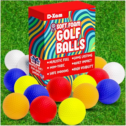 D-Xam Foam Golf Balls Bulk Practice Golf Ball Soft Multicolor, Yellow, White or Orange | Long Lasting & Realistic Feel | Limited Flight Use Indoors Outdoors Backyard Training - color: Multicolor