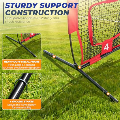 7x7ft/8x8ft Football Throwing Net, Quarterback Training Equipment with 5 Target Pockets, Includes Football, Portable Carry Bag