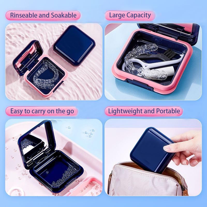 Retainer Case,Cute Mouthguard Case with Mirror,Slim Night Mouth Guard Case with Lid Hinge,Aligner Case,Inner Size 2.56, 2.36, 0.79inch, Blue