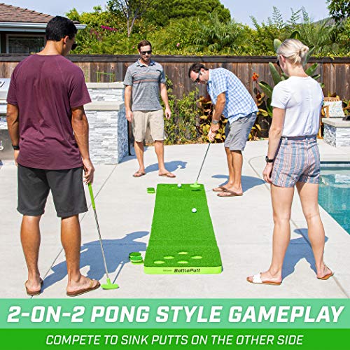 GoSports BattlePutt Golf Putting Game Set - 11 ft Backyard Putting Green Pong Style Golf Mat with 2 Putters, 2 Balls and 12 Hole Covers - Great Golfer Gift
