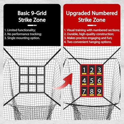 7x7 ft Baseball & Softball Practice Net with 9 Numbered Strike Zone | PRO Training Net for Hitting, Pitching & Batting | with Carry Bag, Bow Frame for All Ages & Skills - color: black