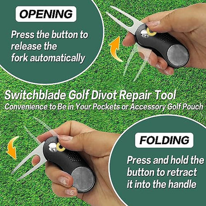 FINGER TEN Golf Divot Repair Tool and Ball Marker Switchblade Value Pack, Foldable Magnetic Stainless Steel with Pop-up Button for Men Women - color: C: 2 in Black