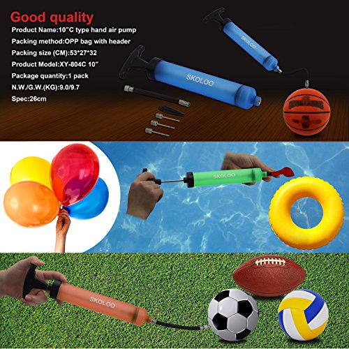 SKOLOO 10" Portable Hand Air Ball Pump Inflator Kit with Needle, Nozzle, Extension Hose for Soccer Basketball Football Volleyball Water Polo Rugby Exercise Sports Ball Balloon Swim Inflatables