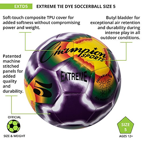Champion Sports Extreme Tie-Dye Soccer Ball – Durable All-Weather Soccer Ball for Kids, Youth & Adults – Sizes 3, 4, 5 - size: Size 5