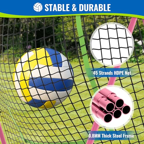 Volleyball Rebounder Net 7x4 FT, 5-Angle Adjustable Bounce Back Net, Steel Frame & PE Training Net for Volleying/Spiking, Rust-Resistant & Durable – w/Travel Bag, 2 NETS - color: Pink + Green