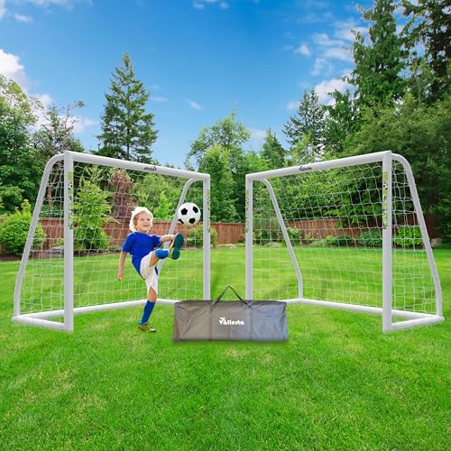 Vallerta® Soccer Goal 12x6Ft/10x6Ft/7x5Ft/6x4Ft. Portable Weatherproof PVC Frame with Net, Carry Bag and Ground Stakes, Youth Regulation Sizes for Kids and Adults, Outdoor/Indoor.