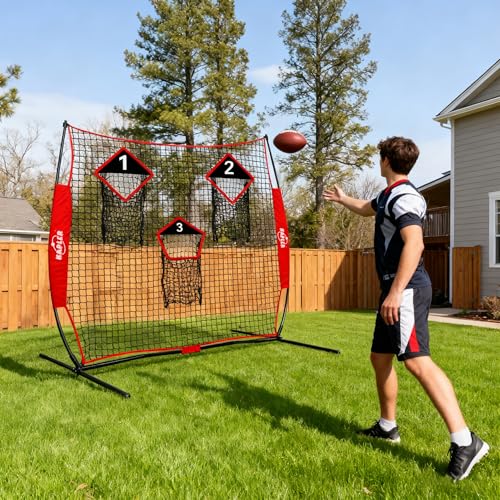 Kapler Football Trainer Throwing Net - 6 x 6 ft Nets with 3 Target Pockets - Protable Quarterback Accuracy Improving for Youth and Adults Backyard Drills - Includes Carry Bag