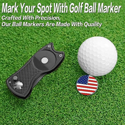 FINGER TEN Golf Divot Repair Tool and Ball Marker Switchblade Value Pack, Foldable Magnetic Stainless Steel with Pop-up Button for Men Women - color: 2 in Black+2 Ball Marker
