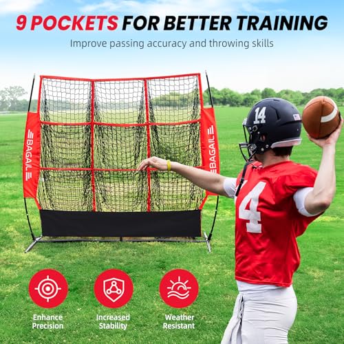 BAGAIL Football Throwing Net - 5 or 9 Target Pockets, Easy Setup, Heavy-Duty - Portable QB Accuracy Trainer, Fun Target Practice Net for Football with Carry Bag - color: Red, style: 5'x5' - 9 Pockets