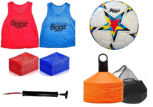 Biggz Soccer Starter Kit - 12 Mesh Colored Vest with Size 5 Soccer Ball and Pump + Bonus 25 Cones