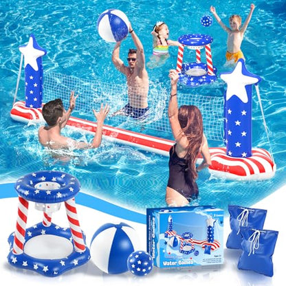 4th of July Pool Toys Games Set, 3 in 1 Inflatable Volleyball Net & Basketball Hoop, Large Water Floating Volleyball Toy Summer Party for Kids Teens Adults, American Flag 250th Anniversary