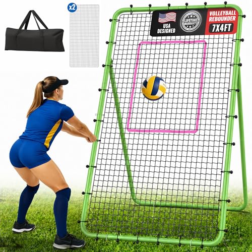 Volleyball Rebounder Net 7x4 FT, 5-Angle Adjustable Bounce Back Net, Steel Frame & PE Training Net for Volleying/Spiking, Rust-Resistant & Durable – w/Travel Bag, 2 NETS - color: Green & Pink