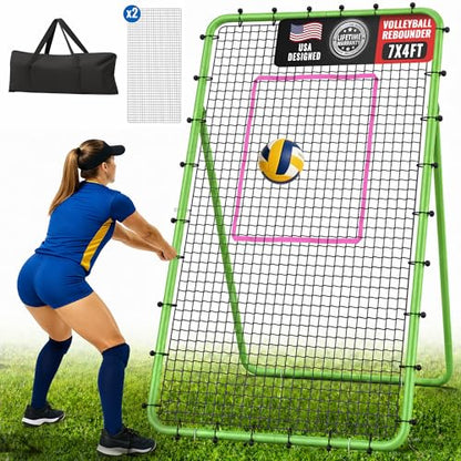 Volleyball Rebounder Net 7x4 FT, 5-Angle Adjustable Bounce Back Net, Steel Frame & PE Training Net for Volleying/Spiking, Rust-Resistant & Durable – w/Travel Bag, 2 NETS - color: Green & Pink