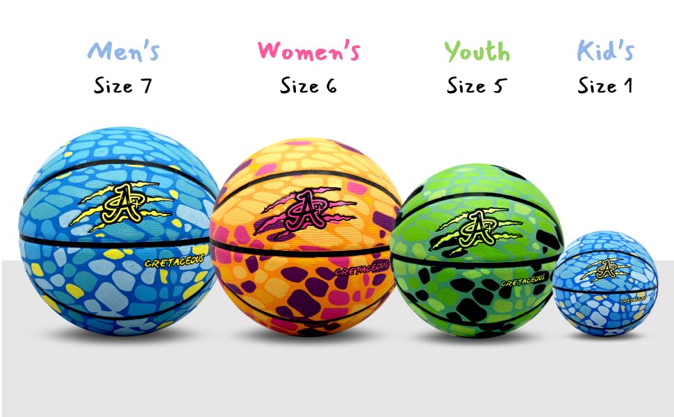 Official A Plus Basketball, Men/Women/Youth/Toddler. Rubber High Bounce Dinasaur Theme. Mini, Size 5, Size 6, & Size 7
