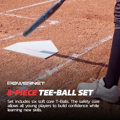 PowerNet T Ball Baseball Accessories for Coach, TBall Coaching Bundle, Tee Ball Set Includes 6 Soft Core Baseballs + Adjustable Batting Tee + 5 Throw Down Bases