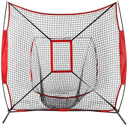 7'×7' Baseball Softball Practice Net with Strike Zone and Carry Bag, Portable Pitching Hitting Batting Catching Throwing Net Toss Backstop Training Aids