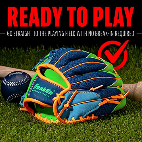 Franklin Sports Kids Baseball Glove + Foam Ball Sets - Meshtek Youth Teeball Gloves for Kids + Toddlers - Left + Right Hand Throw - 9.5" Inch - color: Navy/Lime/Orange