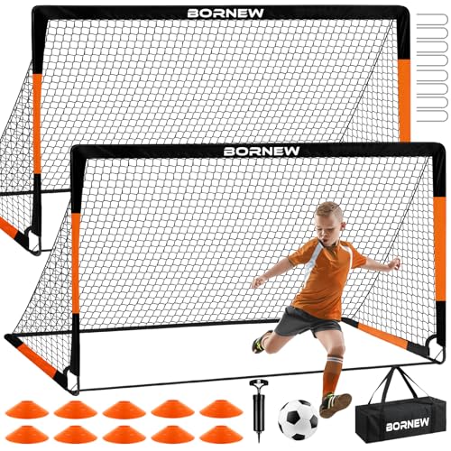 Kids Soccer Goal for Backyard Set - 2 Set of 7X5 / 6X4 ft Toddler Soccer Nets Training Equipment, Soccer Ball, Pop Up Portable Soccer Set for Kids and Youth Games and Training Goals Ages 3-16 Gift - color: 5.Black Orange, style: 6' x 4'