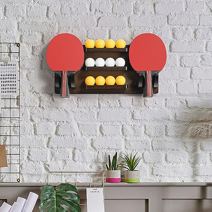 Ping Pong Paddle Holder Wall Mounted Table Tennis Racket Display for 6 Paddles and 12 Balls Storage, Ping Pong Accessories Organizer in Game Room, Man Cave, Bar Room, Garage, Office, Home
