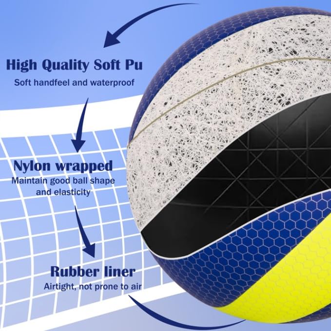 MERKAPA Soft PU Volleyball Size 5 – Official 8″ Youth Beginner Ball – Indoor Outdoor Beach & Pool – Bright Yellow Blue – Durable & Arm-Safe