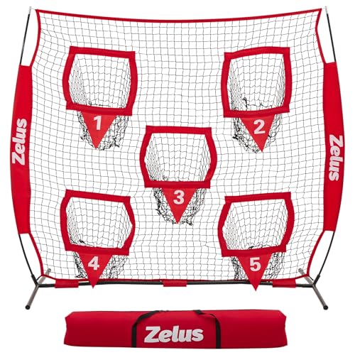 ZELUS Football Throwing Net, Quarterback Training Equipment with 5 Target Pockets, Football Practice Throwing Passing Accuracy Trainer with Carry Bag Ground Stakes for Kids Adults - color: Red, size: 6×6