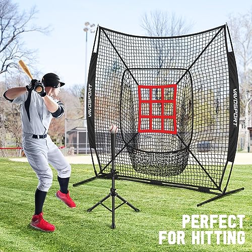 VAVOSPORT 7x7' Baseball Net Set - Portable Softball & Baseball Net, Batting Tee, Ball Caddy, Strike Zone, Training Equipment for Youth Practice