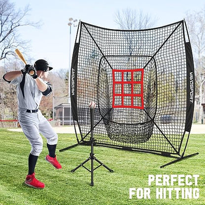 VAVOSPORT 7x7' Baseball Net Set - Portable Softball & Baseball Net, Batting Tee, Ball Caddy, Strike Zone, Training Equipment for Youth Practice