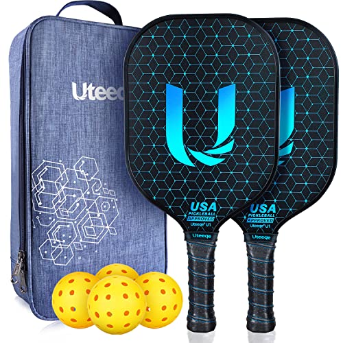 2026 Upgraded Uteeqe Pickleball Paddles Set of 2, Graphite, 14mm Thermoformed One-Mold, Semi-Textured for Extra Grit & Spin, Lightweight, USAPA Approved, Non-Slip, 4.25Inch Grip with Carry Bag & Balls