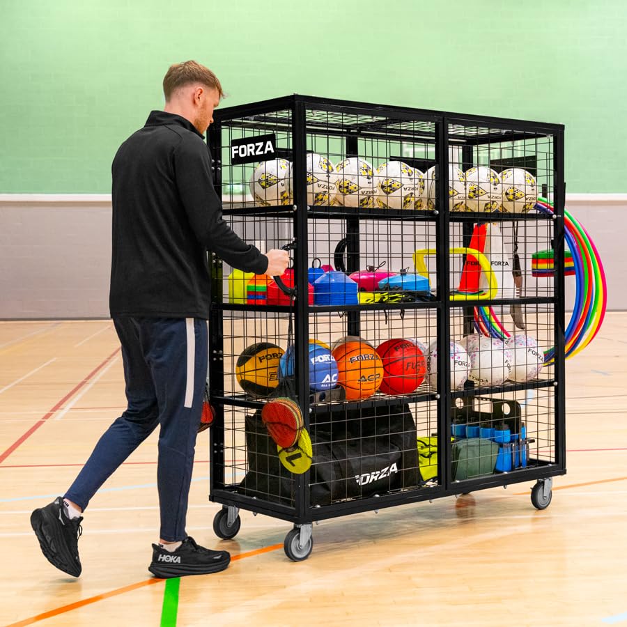 FORZA XL Sports Equipment Storage Cabinet & Cart | Portable Rolling Cart with Mesh Shelves & Lockable Design - Ideal for Schools, Gyms and Sports Centers