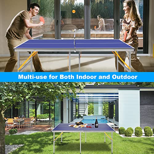 Mid-Size Table Tennis Table Foldable with Net, Foldable & Portable Ping Pong Table Set with 2 Table Tennis Paddles and 3 Balls for Small Spaces, Indoor/Outdoor Backyard Garden