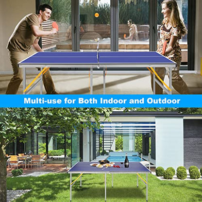 Mid-Size Table Tennis Table Foldable with Net, Foldable & Portable Ping Pong Table Set with 2 Table Tennis Paddles and 3 Balls for Small Spaces, Indoor/Outdoor Backyard Garden