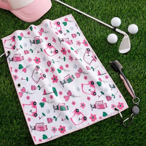 Liliful Woman Golf Accessories Kit Include 19.69 x 15.75 Inches Microfiber Waffle Golf Towel and Club Groove Cleaner Brush for Woman Gifts - color: Mainly Pink and Green