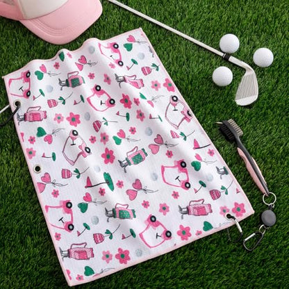 Liliful Woman Golf Accessories Kit Include 19.69 x 15.75 Inches Microfiber Waffle Golf Towel and Club Groove Cleaner Brush for Woman Gifts - color: Mainly Pink and Green