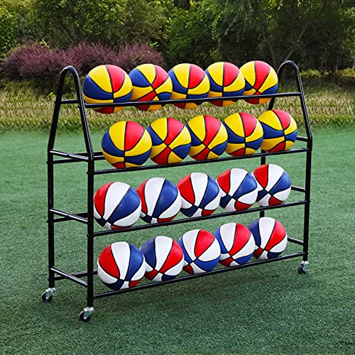 Ball Storage with Wheels Basketball Racks for Storage 4 Tier Black White Storage Equipment Organizer Sports Rack Rolling Basketball Cart for Garage Indoor School Pitch